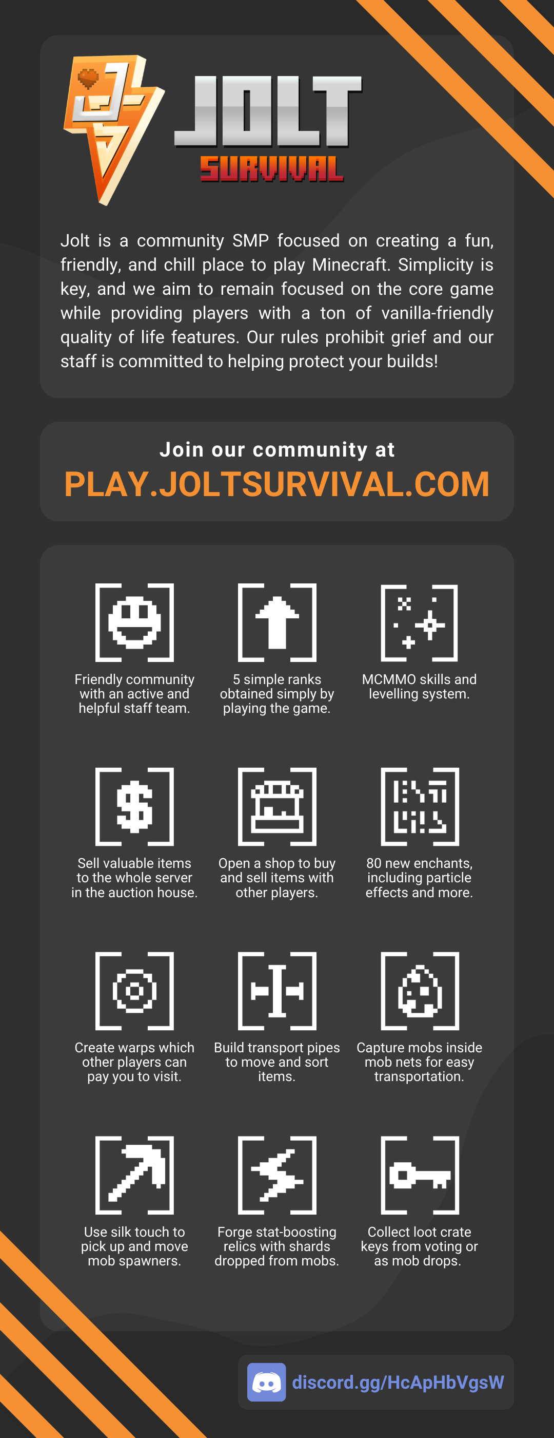 Jolt Survival [1.20.4+]    COMMUNITY | CLAIMS | QoL | FRIENDLY Minecraft Server